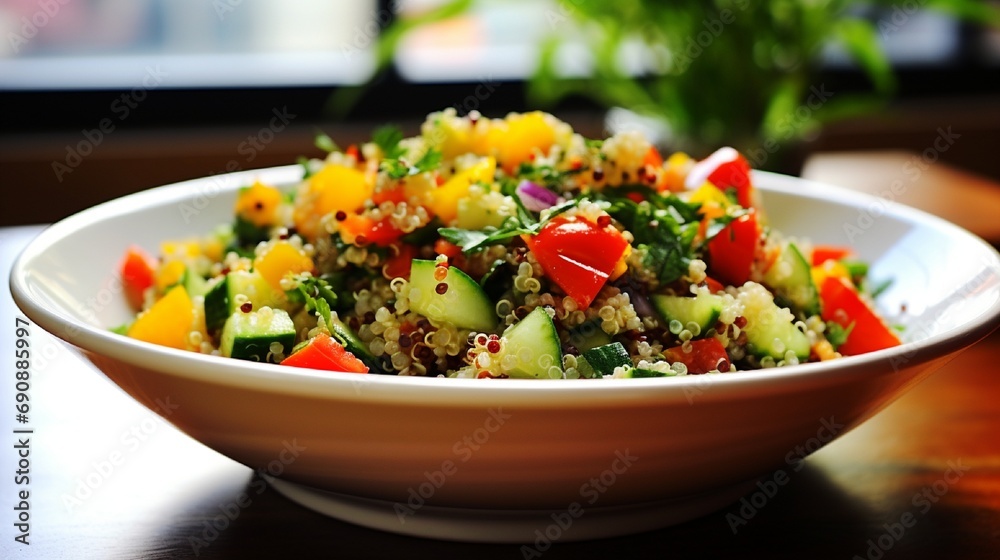 Quinoa salad, bursting with colorful veggies and a lemon vinaigrette.