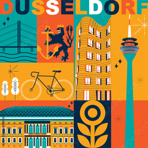 Typography word “Dusseldorf” branding technology concept. Collection of flat vector web icons. Culture travel set, famous architectures, specialties detailed silhouette. German famous landmark