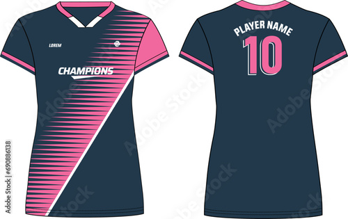 Women Sports Jersey t-shirt flat sketch design illustration with abstract Stripe pattern suitable for girls and Ladies for Volleyball jersey, Football, Soccer and netball, Sport uniform kit for sports