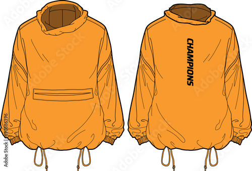 Overhead cagoule Hoodie jacket design flat sketch Illustration, , Hooded windbreaker jacket with front and back view, Windcheater winter jacket for Men and women. for hiker, outerwear in winter photo