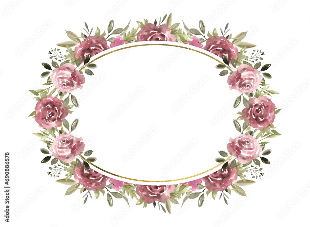 Floral oval frame with beautiful roses and greenery, golden texture frame. Hand drawn watercolor illustration of botanical template for greeting cards or wedding invitations, birthday, march 8 Floral oval frame with beautiful roses and greenery, golden texture frame. Hand drawn watercolor illustration of botanical template for greeting cards or wedding invitations, birthday, march 8