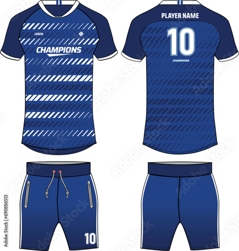 Sports jersey t shirt and shorts kit design flat sketch illustration, Abstract pattern V neck raglan sleeve Football jersey kit concept with front and back view for Soccer, Cricket, Volleyball uniform