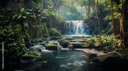 Experience the serenity of a hidden waterfall in a lush forest  where cascading waters create a symphony of soothing sounds