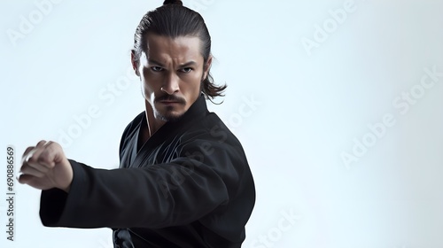 Portrait of a kungfu fighter on action against white background with space for text, background image, generative AI photo