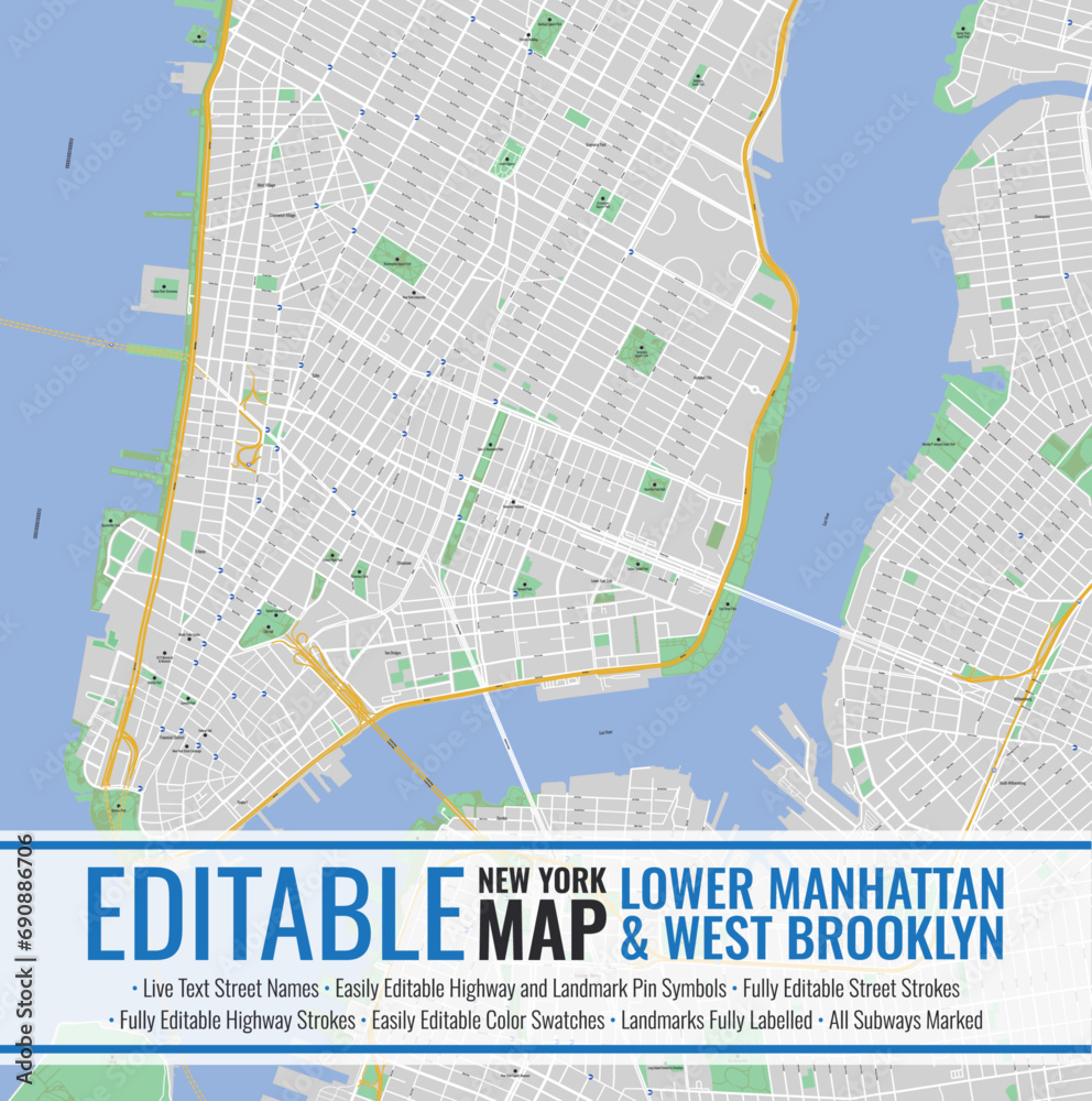 Editable New York Lower Manhattan Map	 - obrazy, fototapety, plakaty 