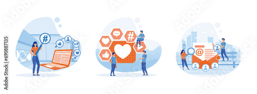 Social media marketing strategy concept, like, email, tags. Social media marketing set flat vector modern illustration 