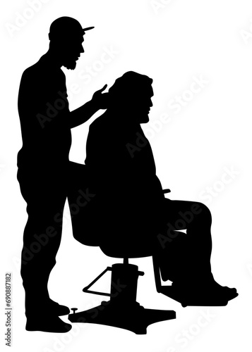 Hairdresser gives a man a haircut. Isolated silhouette on white background