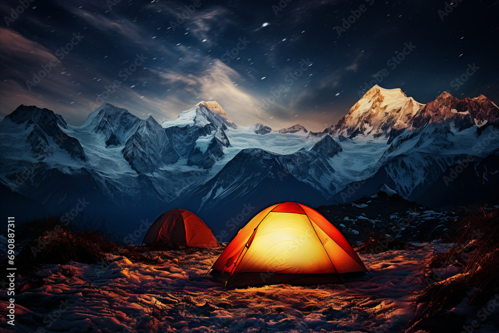 Mountain camping at the foot of snow-capped mountains