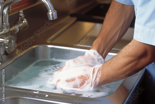 Man washing dishes in a restaurant, close-up of hands photo