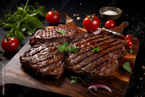 Appetizing ribeye steak on a wooden board closeup
