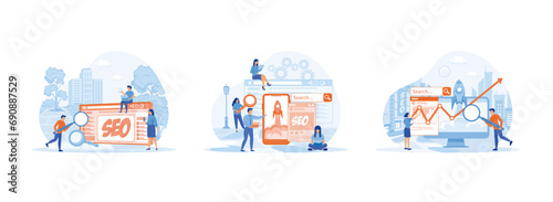 People using laptops and phones for online query. Search engine optimisation. SEO Search engine optimization result. Search Engine Optimization SEO 1 set flat vector illustration © Alwie99d