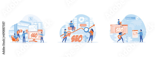 Search engine optimization, professional people holding magnifying glass, action around abbreviature SEO over digital world map. Search Engine Optimization (SEO) 1 set flat vector modern illustration
