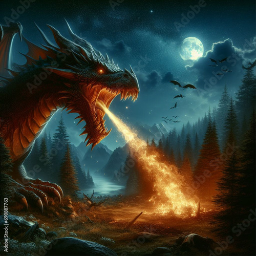 ai generate realistic illustration of an angry dragon rampaging in the forest