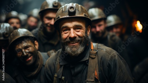 Generative AI image of a Soviet miner in a mine, with other miners behind him, looking at us with pride and smiling slightly.