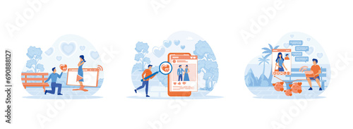 Virtual relationships online dating cartoon composition with computer, social networking concept, Dating app and virtual relationship. Virtual relationships set flat vector modern illustration