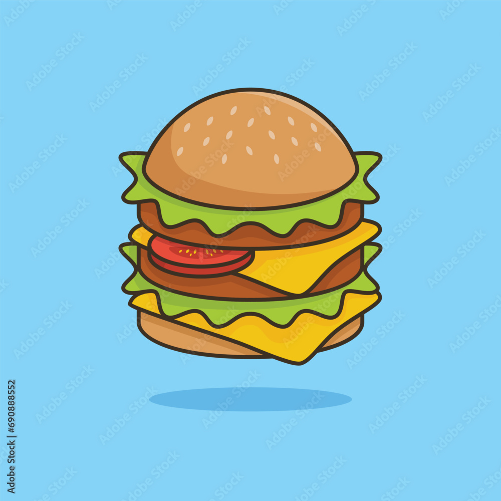 Unique Cute Big Burger or Hamburger | Flat Design Icon, Graphic Vector, Illustration, Isolated on Blue. Ready for Any Needs and Printing to Create a Sticker