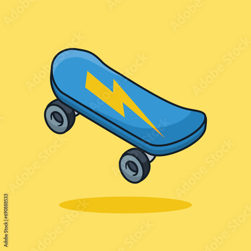 Unique Cute Skateboard | Flat Design Icon, Graphic Vector, Illustration, Isolated on Yellow. Ready for Any Needs and Printing to Create a Sticker with Blue and Yellow Color
