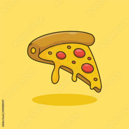 Unique Cute Pizza Slice | Flat Design Icon, Graphic Vector, Illustration, Isolated on Yellow. Ready for Any Needs and Printing to Create a Sticker with Yellow, Brown, Red Colors