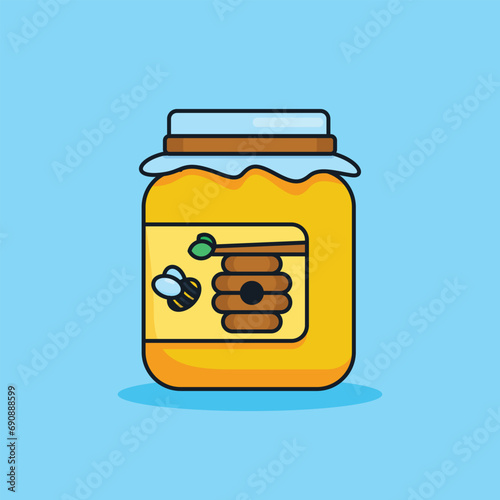 Unique Cute Honey Jar | Flat Design Icon, Graphic Vector, Illustration, Isolated on Blue. Ready for Any Needs and Printing to Create a Sticker with Yellow and Brown Colors