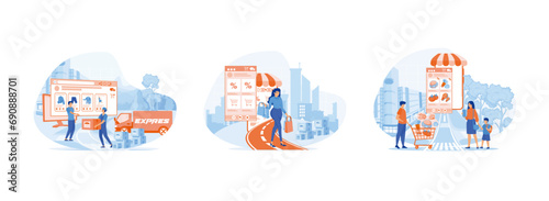 Online Shopping and Delivery of Purchases, Online shopping in a phone app, Happy family doing grocery shopping online with a mobile app on their smartphone. Online shopping 2 set flat vector modern