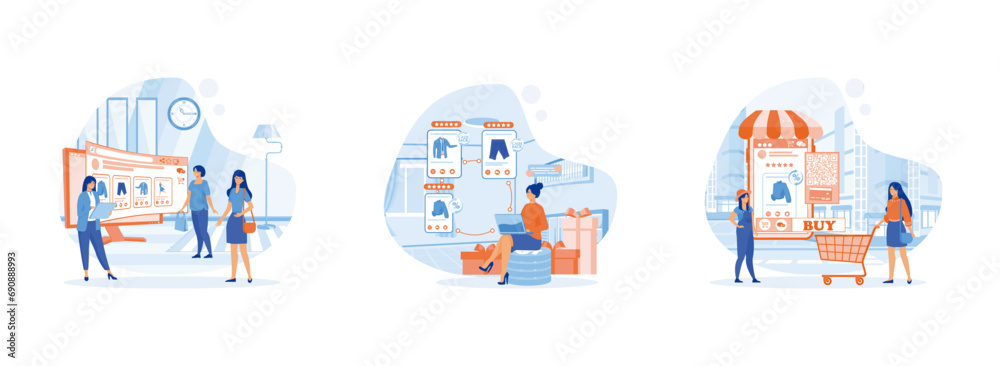 Buy Fashion Items on Ecommerce Marketplace on Computer Screen Concept, Young woman shop online using laptop, Man and girl are shopping through smartphone. Online shopping 2 