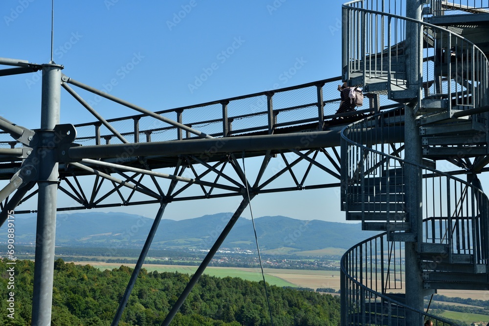Tourist attraction iron walkway high in the treetops
