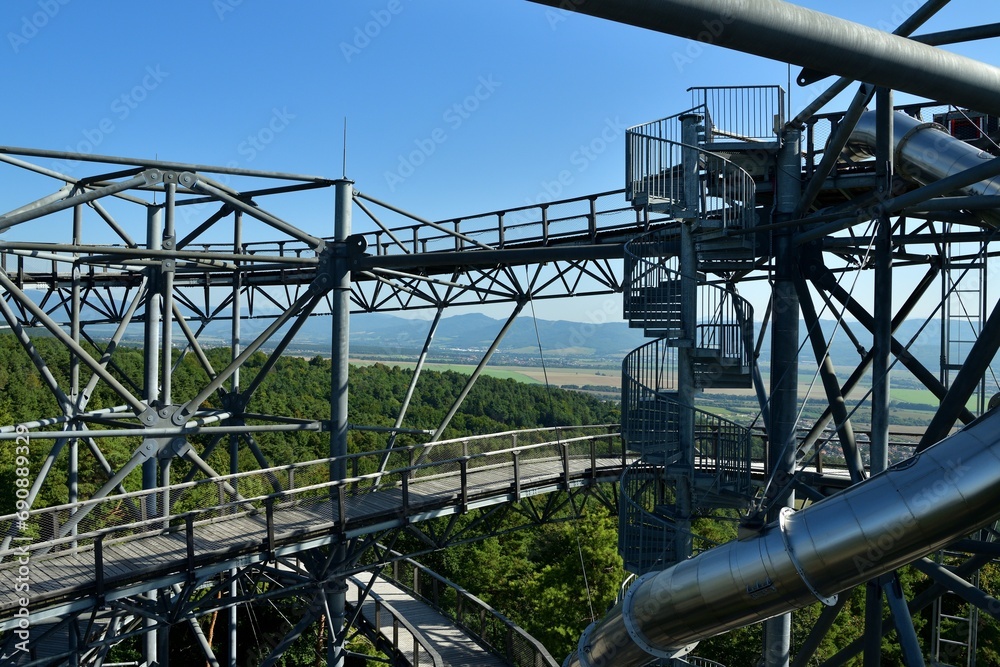 Tourist attraction iron walkway high in the treetops