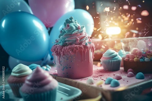 Baby gender reveal party. Colorful cake table with big balloons and cupcakes. Generate AI photo