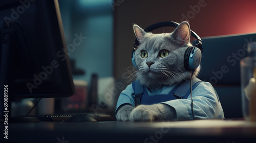 Cat in call center agent answering incoming calls with a headset, providing customer service remotely