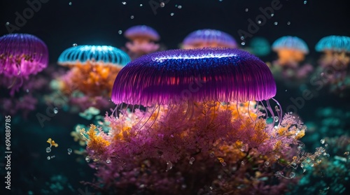  A mesmerizing jellyfish floating gracefully in a sea of vibrant colors  its translucent body pulsating with bioluminescent light
