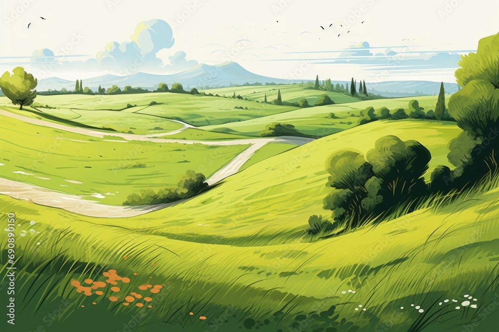 A drawing Field of lush grass on gentle slopes. Pasturage, grassland, pommel, lea, alkali, lye, and meadow. Grassy grassland in a rural landscape view. illustration. Generative AI  - obrazy, fototapety, plakaty 