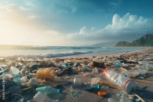 plastic garbage piled up on the beach. The beach is full of plastic bottles and rubbish. Beach and sea pollution. Generative AI