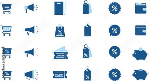 買い物・セールの2色のシルエットアイコンセット