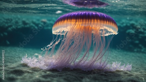  A stunning, iridescent jellyfish glides gracefully through the crystal clear waters of the sea, its delicate tentacles trailing behind it like a flowing gown 