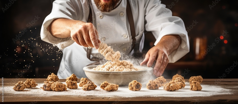 Baker chef adding cereal to oatmeal cookies.