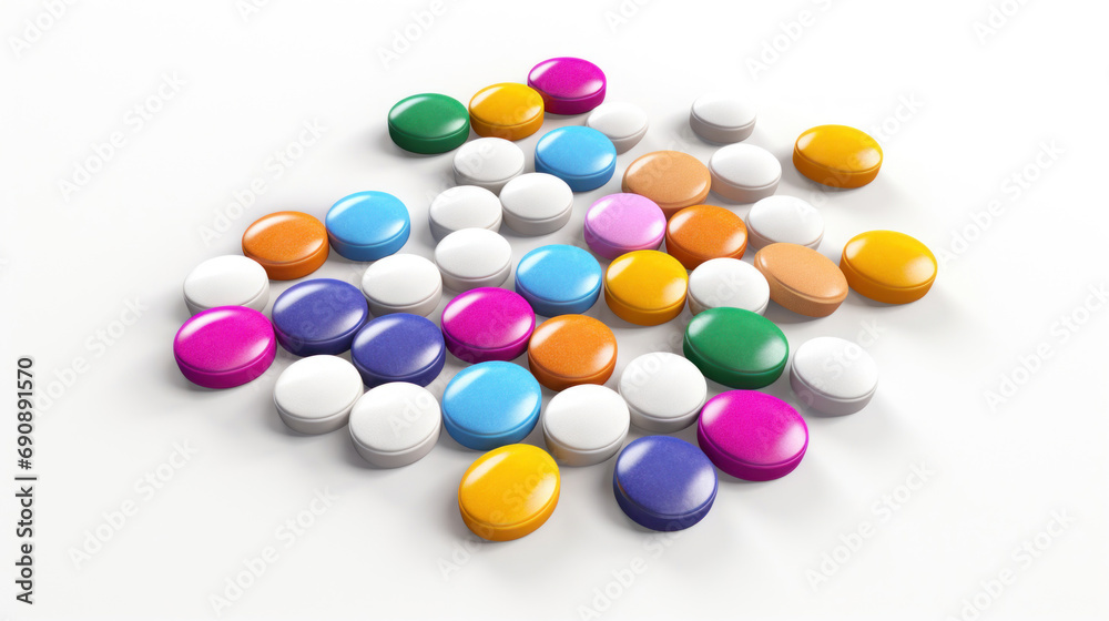 Many colorful pills in white background with copy space Many colorful pills in white background with copy space