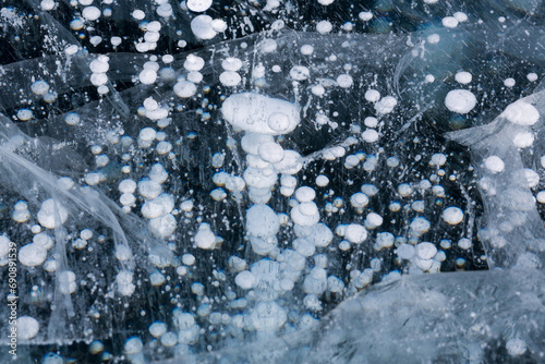 Gas methane bubbles frozen in blue ice of lake Baikal