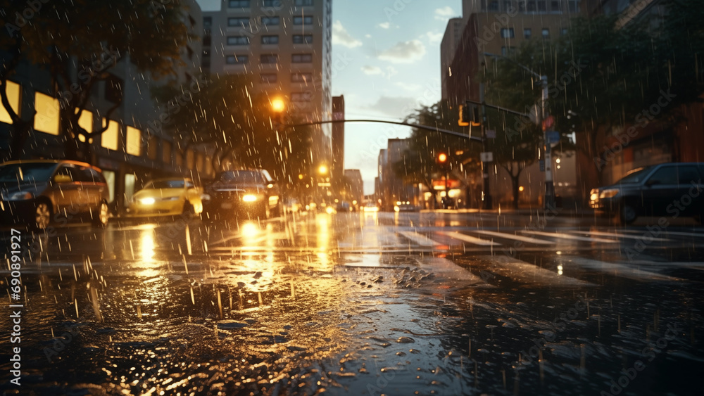 View of a rainy city street at sunset