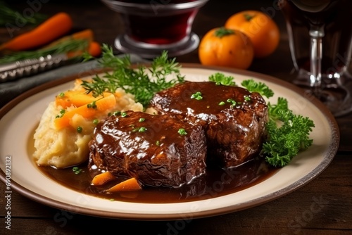 German marinated braised beef. Hottest and delicious meal with mashed potatoes. Generate AI