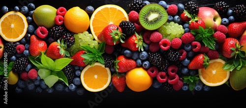 Assorted platter of delectable fruits and berries, from above.