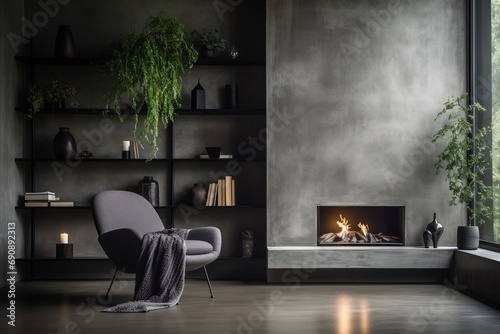 Modern Scandinavian living room with chair by fireplace and concrete wall shelves photo