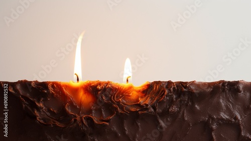 A close-up of a candle's flickering flame, with the waxy texture visible, contrasted against a white wall. photo