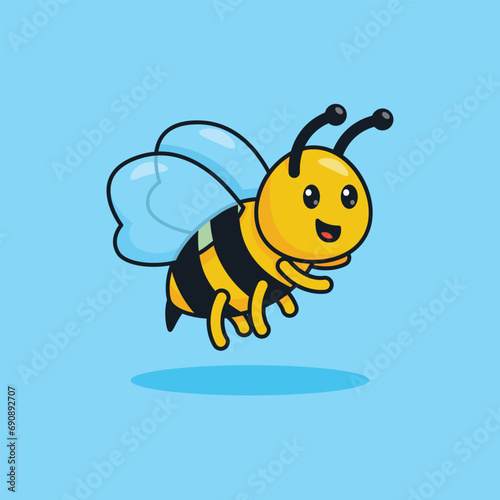 Unique Cute Honey Bee | Flat Design Icon, Graphic Vector, Illustration, Cartoon Character, Isolated on Blue. Ready for Any Needs and Printing to Create a Sticker with Yellow and Black Colors