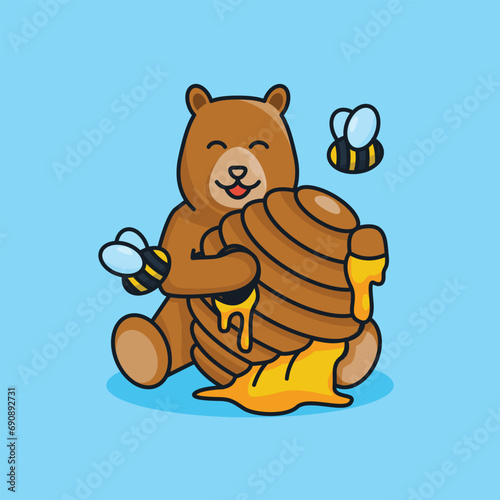 Unique Cute Bear Eating Honeycomb | Flat Design Icon, Graphic Vector, Illustration, Cartoon Character, Isolated on Blue. Ready for Any Needs and Printing to Create a Sticker