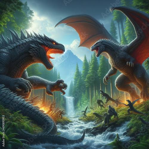 ai generate realistic illustration of a dragon fighting against godzilla © stock