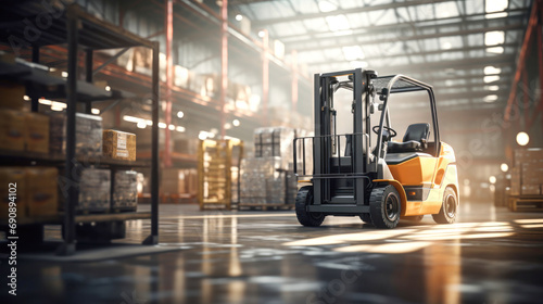 A modern forklift for working in a warehouse, loading, unloading and transporting goods. Logistics warehouse. © Anoo