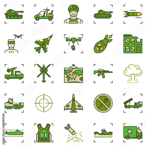 War colored icons set. Army and Military vector concept signs