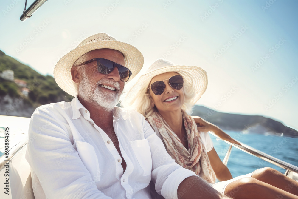 An elderly couple sits in a boat or yacht against the backdrop of the sea. Happy and smiling. They look at the waves and hug. Sea voyage, vacation.