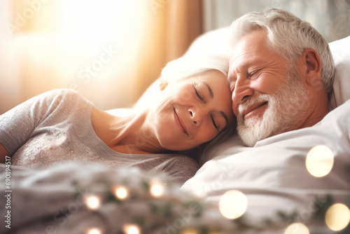 An elderly couple in love, a man and a woman, are lying in bed. Love and romance. Family idyll. Happy morning for lovers. Valentine's Day.