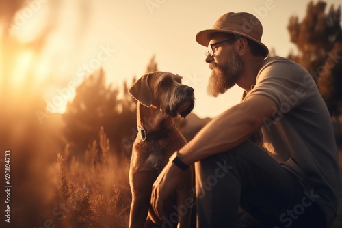 Man playing pet dog at outdoor nature. Park care labrador loft affection. Generate Ai